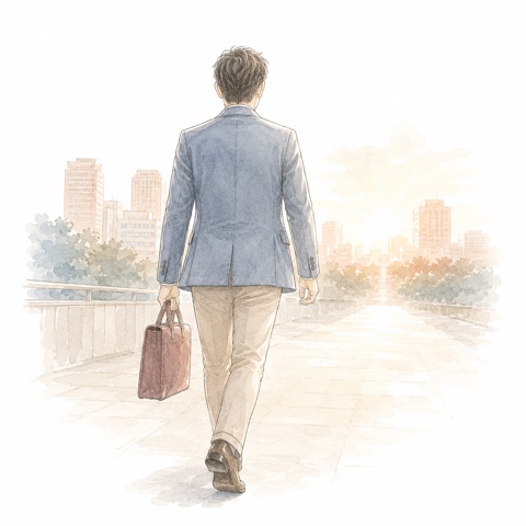 朝の光の中を歩き出す男性の後ろ姿